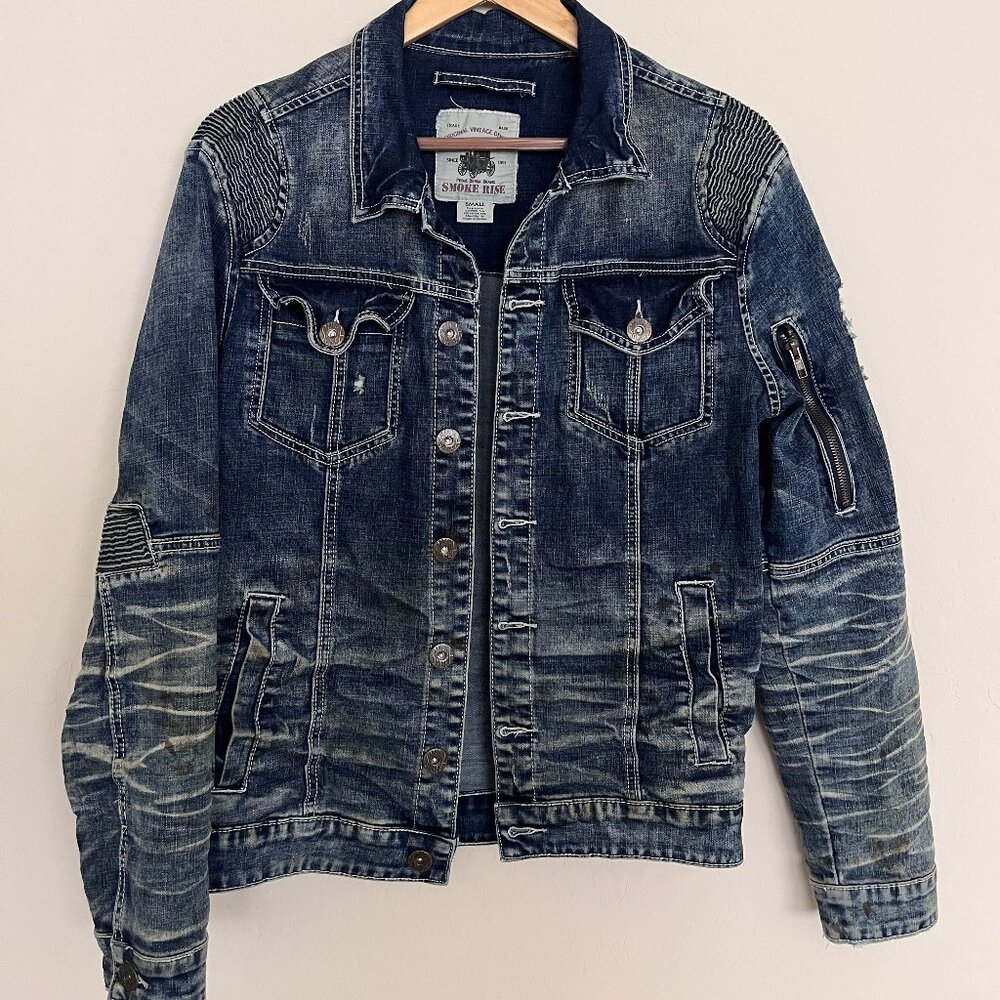 Smoke Rise Denim Men’s Bleached Distressed Denim Jean Jacket Size Small